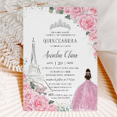 Quinceañera Pink Roses Floral Paris Eiffel Silver Einladung