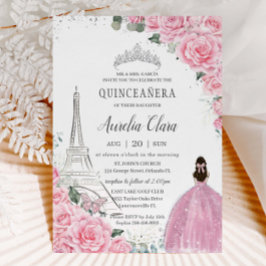 Quinceañera Pink Roses Floral Paris Eiffel Silver Einladung