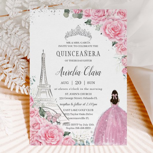 Quinceañera Pink Roses Floral Paris Eiffel Silver Einladung