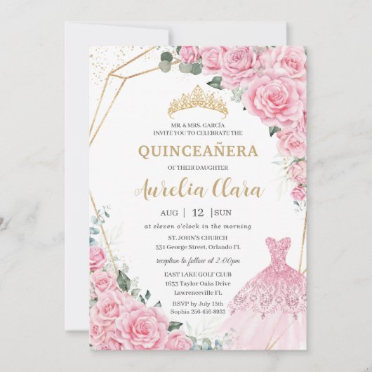 Quinceanera Pink Roses Floral Princess Dress Gown Einladung (Vorderseite)