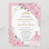 Quinceanera Pink Roses Floral Princess Dress Gown Einladung (Vorne/Hinten)