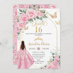 Quinceañera Pink Roses Floral Tan Brown Girl Einladung