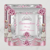 QUINCEANERA Pink Roses Tassels Silver Tiara Einladung (Vorne/Hinten)