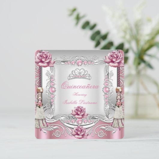 QUINCEANERA Pink Roses Tassels Silver Tiara Einladung (Stehend Vorderseite)