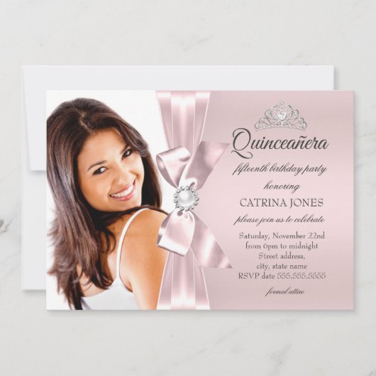 Quinceanera Pink Silver Diamond Bow Perle Tiara Einladung (Vorderseite)