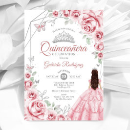 Quinceanera Pink Silver Dress Floral Einladung