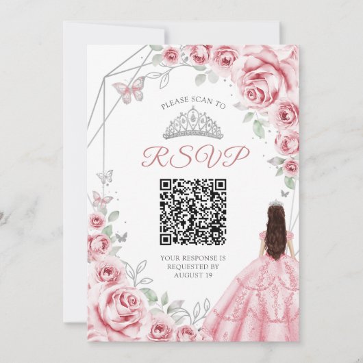 Quinceanera Pink Silver Dress Floral UAWG QR Code Einladung (Vorderseite)