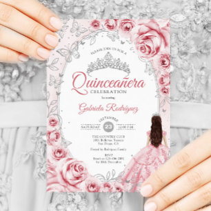 Quinceanera Pink Silver Floral Einladung