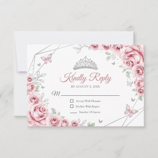 Quinceanera Pink Silver Floral Reply RSVP Karte (Vorderseite)
