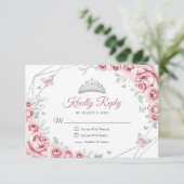 Quinceanera Pink Silver Floral Reply RSVP Karte (Stehend Vorderseite)