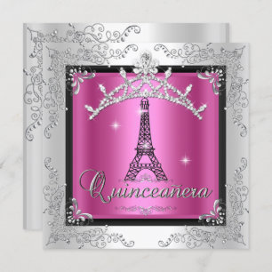 Quinceanera Pink Silver Tiara Eiffel Tower Einladung
