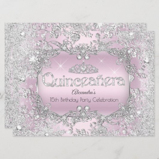 Quinceanera Pink Silver Tiara Winter Wunderland 2 Einladung (Vorne/Hinten)
