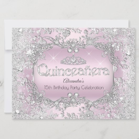 Quinceanera Pink Silver Tiara Winter Wunderland 2 Einladung (Vorderseite)