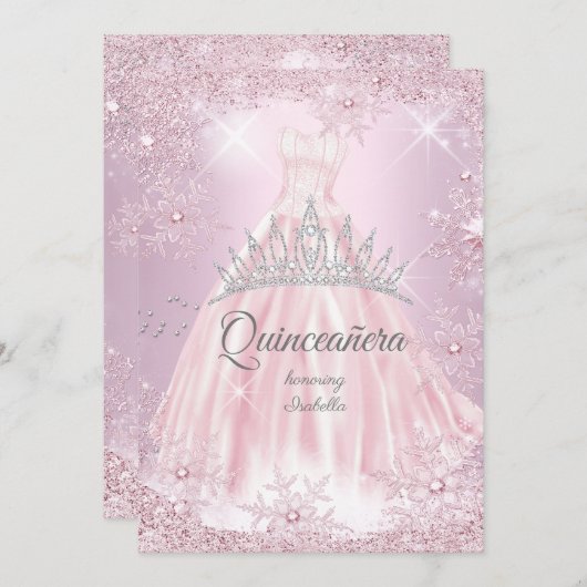 Quinceanera Pink Snowflake Winterkleid Tiara Einladung (Vorne/Hinten)