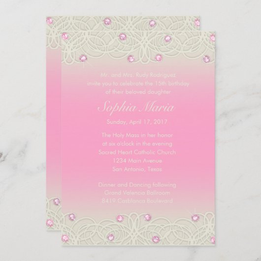 Quinceanera Pink Sparkle und Spitzen Einladung (Vorne/Hinten)