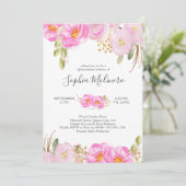 Quinceanera Pink und Gold Aquarell Blüten Einladung (Stehend Vorderseite)