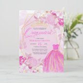 Quinceañera Pink und Gold elegante extravagante Ti Einladung (Stehend Vorderseite)