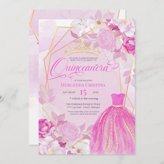 Quinceañera Pink und Gold elegante extravagante Ti Einladung (Vorne/Hinten)