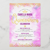 Quinceañera Pink Wasserfarben Crown Giro Real Gold Folieneinladung (Vorderseite)