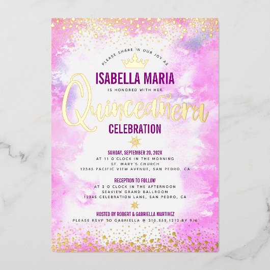 Quinceañera Pink Wasserfarben Crown Giro Real Gold Folieneinladung (Vorderseite)