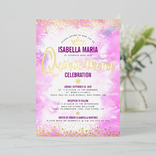 Quinceañera Pink Wasserfarben Crown Giro Real Gold Folieneinladung (Stehend vorne)