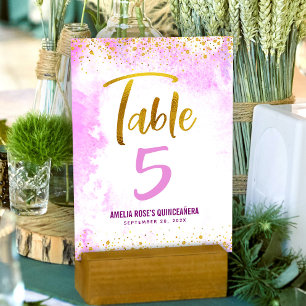 Quinceañera Pink Watercolor Gold Script Glitzer Tischnummer