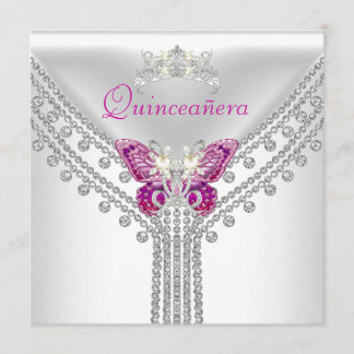 Quinceañera Pink White Butterfly Diamond 2 Einladung