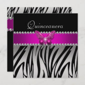 Quinceanera Pink Zebra Silver Black Butterfly Einladung (Vorne/Hinten)