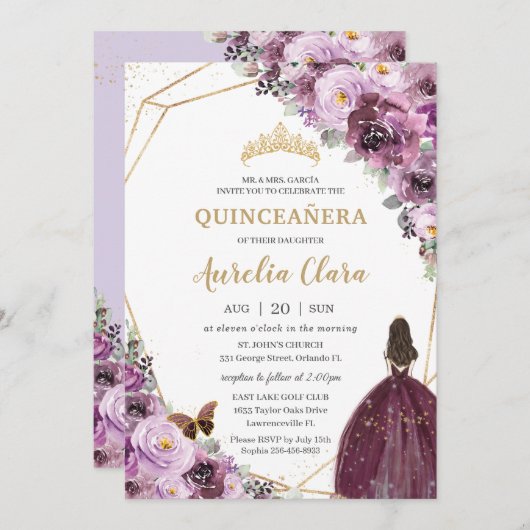 Quinceañera Plum Mauve Lila Blumengoldprinzessin Einladung (Vorne/Hinten)