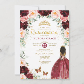 Quinceañera Princess Burgundy Floral Geburtstag Einladung