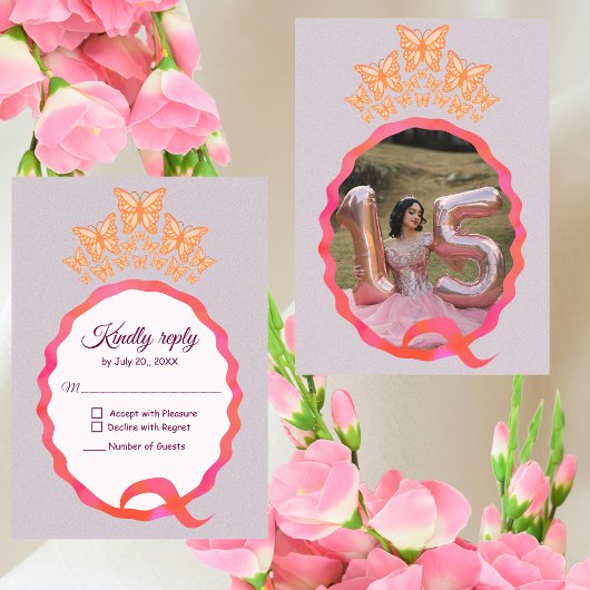 Quinceañera Princess Butterfly Crown Squigggle RSVP Karte