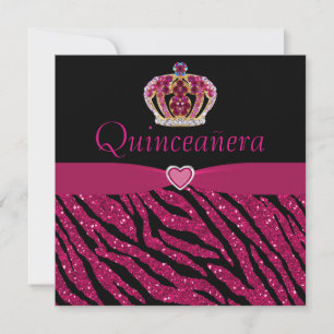 Quinceanera Princess Crown, Heart & Zebra Glitzer Einladung