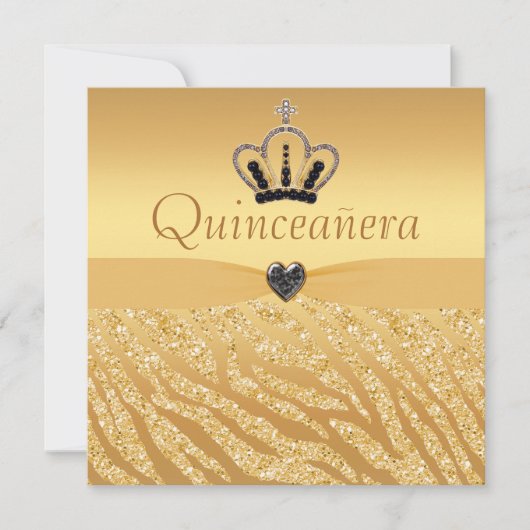 Quinceanera Princess Crown, Heart & Zebra Glitzer Einladung (Vorderseite)
