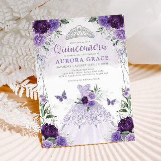 Quinceañera Princess Dress Lila Silver Floral Einladung