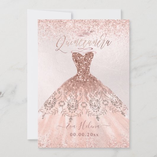 Quinceañera, Princess Imitate Rose Gold Tiara+Gown Einladung (Vorderseite)