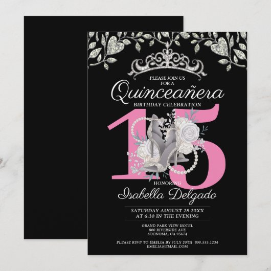 Quinceanera Princess Pink Black 15. Geburtstag Einladung (Vorne/Hinten)