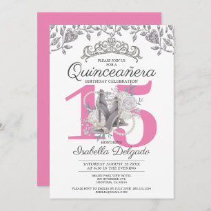 Quinceanera Princess Pink Silver 15. Geburtstag Einladung