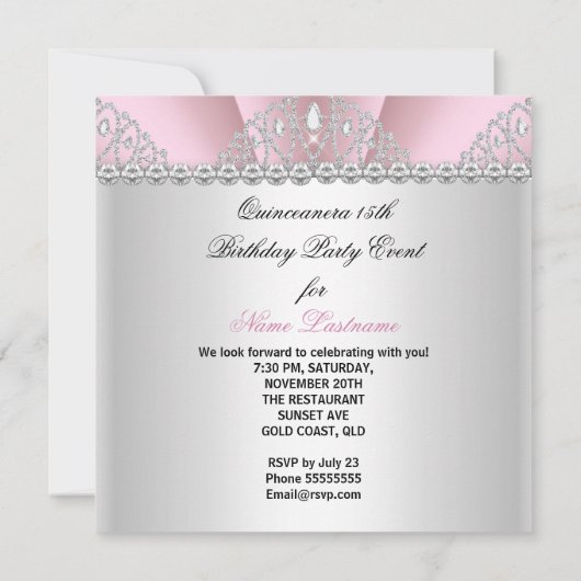 Quinceanera Princess Pink White Diamond Tiara Einladung (Rückseite)