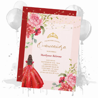 Quinceañera Princess Red Floral Einladung