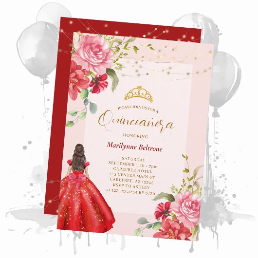 Quinceañera Princess Red Floral Einladung