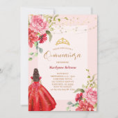 Quinceañera Princess Red Floral Einladung (Vorderseite)