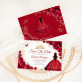 Quinceanera Princess Red Roses Gold Save The Date
