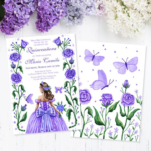 Quinceanera Princess Rose Butterfly Lilac Lila Einladung