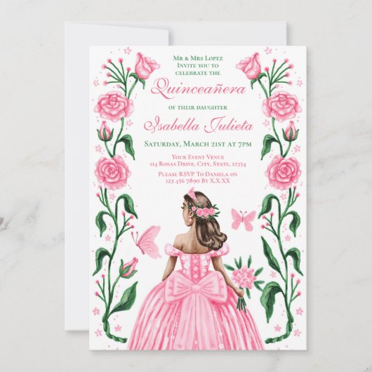 Quinceanera Princess Rose Butterfly Rosa Einladung (Vorderseite)