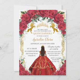 Quinceañera Princess Rote Rosen Floral Charro Pfer Einladung
