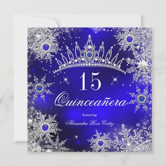Quinceanera Princess Royal Blue Snowflake Tiara Einladung (Vorderseite)