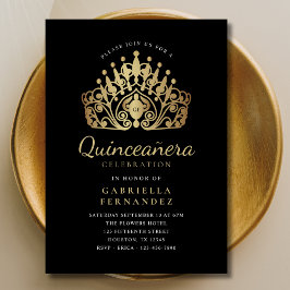 Quinceañera Princess Tiara Crown Black Gold Einladung