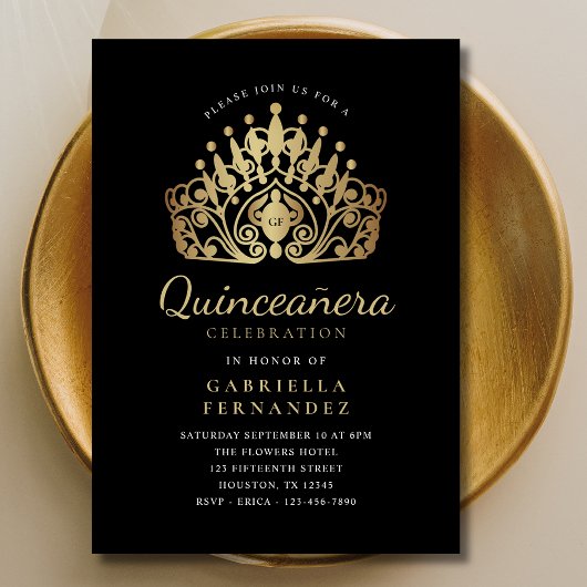 Quinceañera Princess Tiara Crown Black Gold Einladung