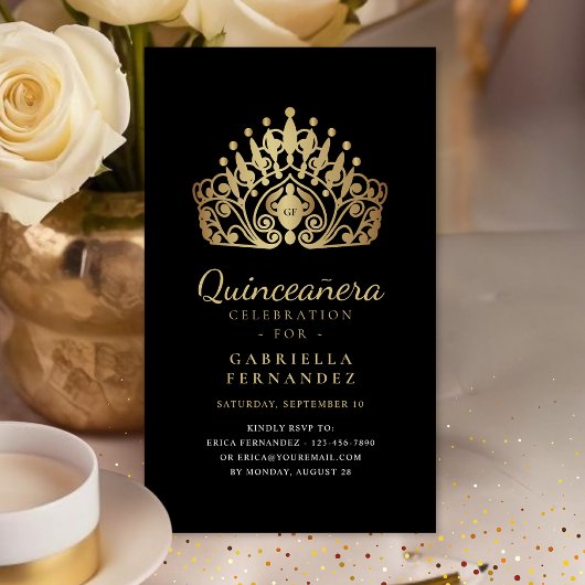 Quinceanera Princess Tiara Crown Black Gold UAWG Begleitkarte