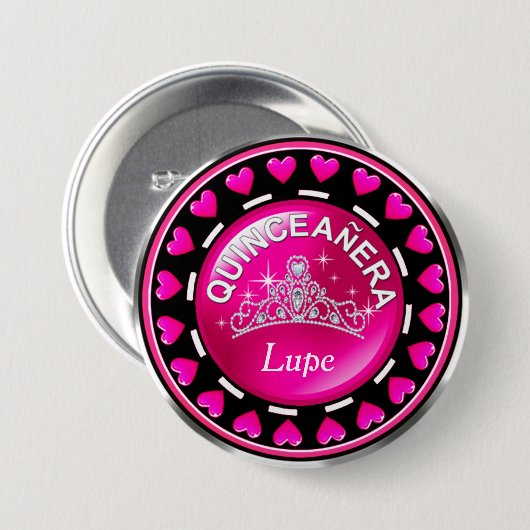 Quinceanera Princess Tiara Liebe Herz | Pink Button (Vorne & Hinten)
